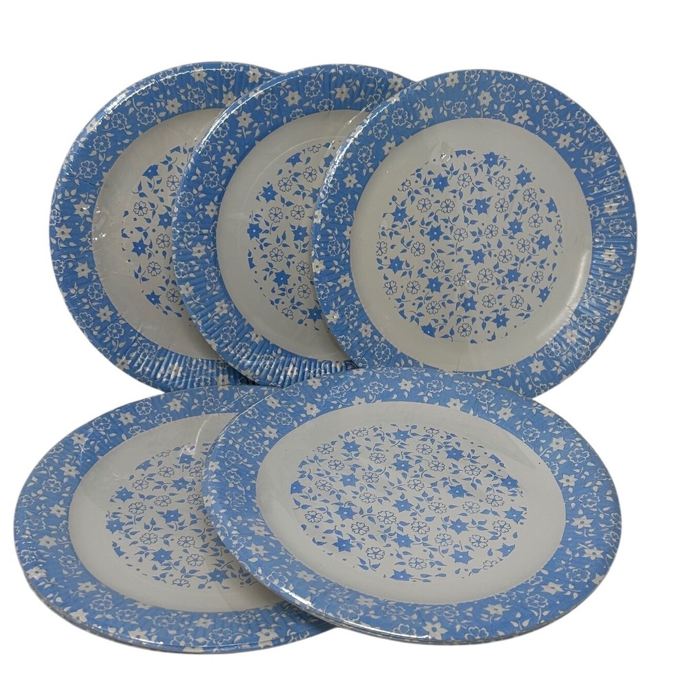 Vintage Cottagecore Blue White Floral Paper Plates 8.5" Set of 5 Packs NOS 80s